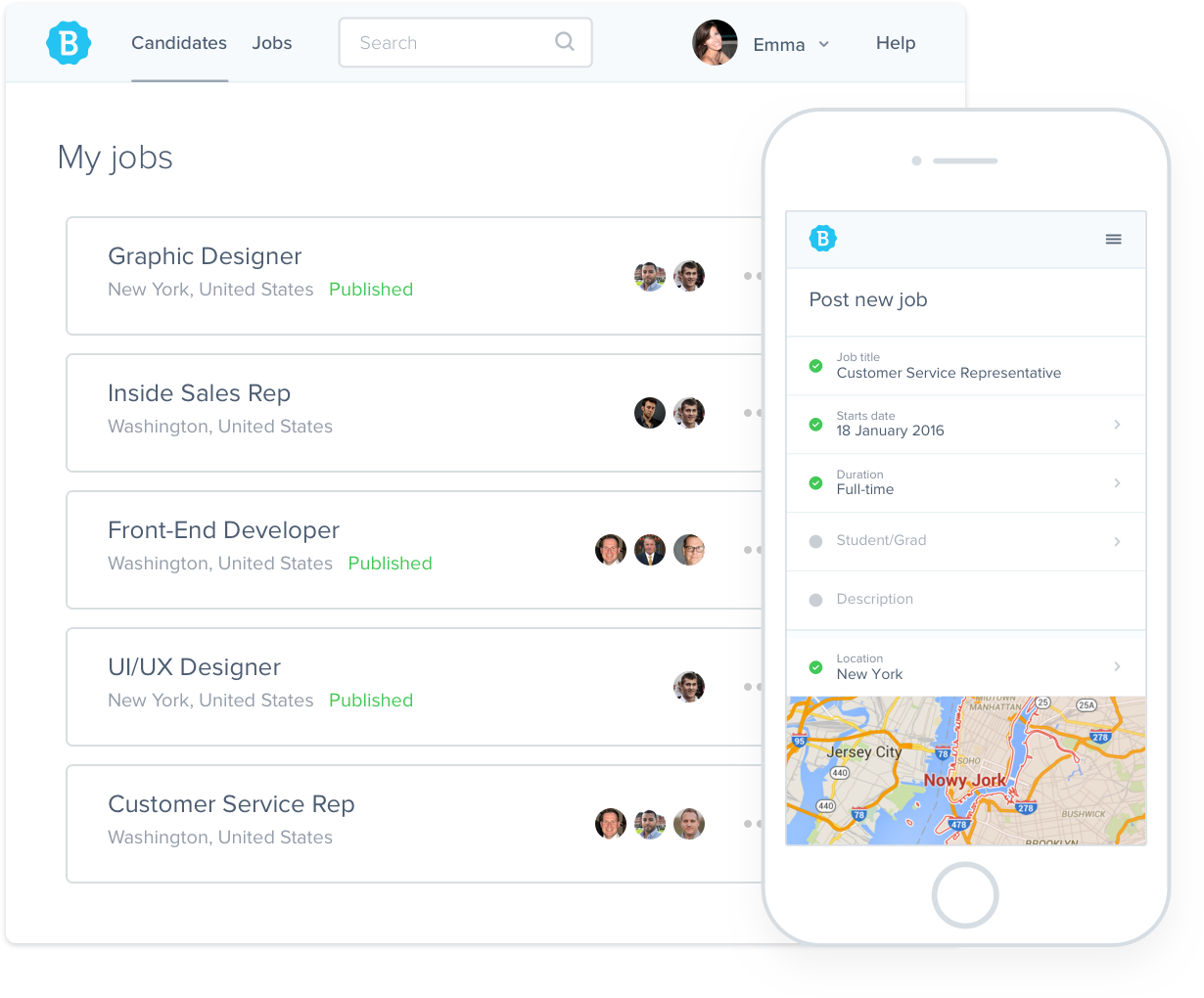 BetterTeam applicant tracking system interface showing job postings list with mobile app job creation form overlay