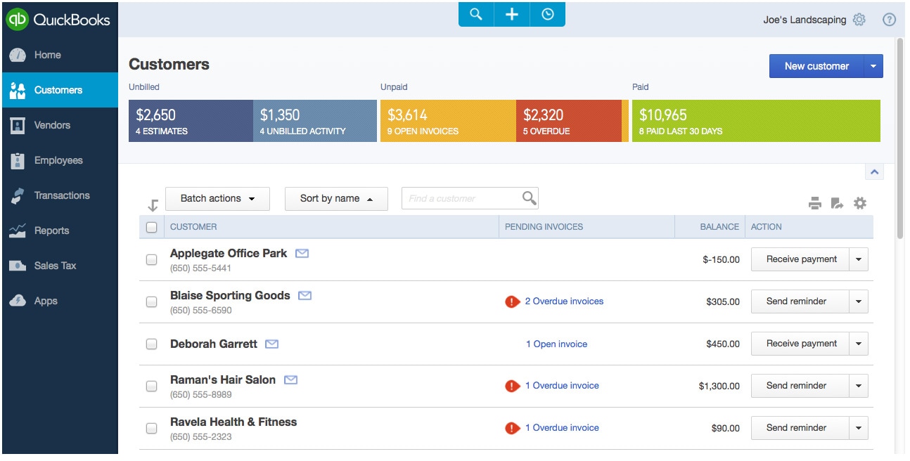 QuickBooks customer management dashboard showing unbilled estimates, open invoices, overdue payments, and recent payment summaries
