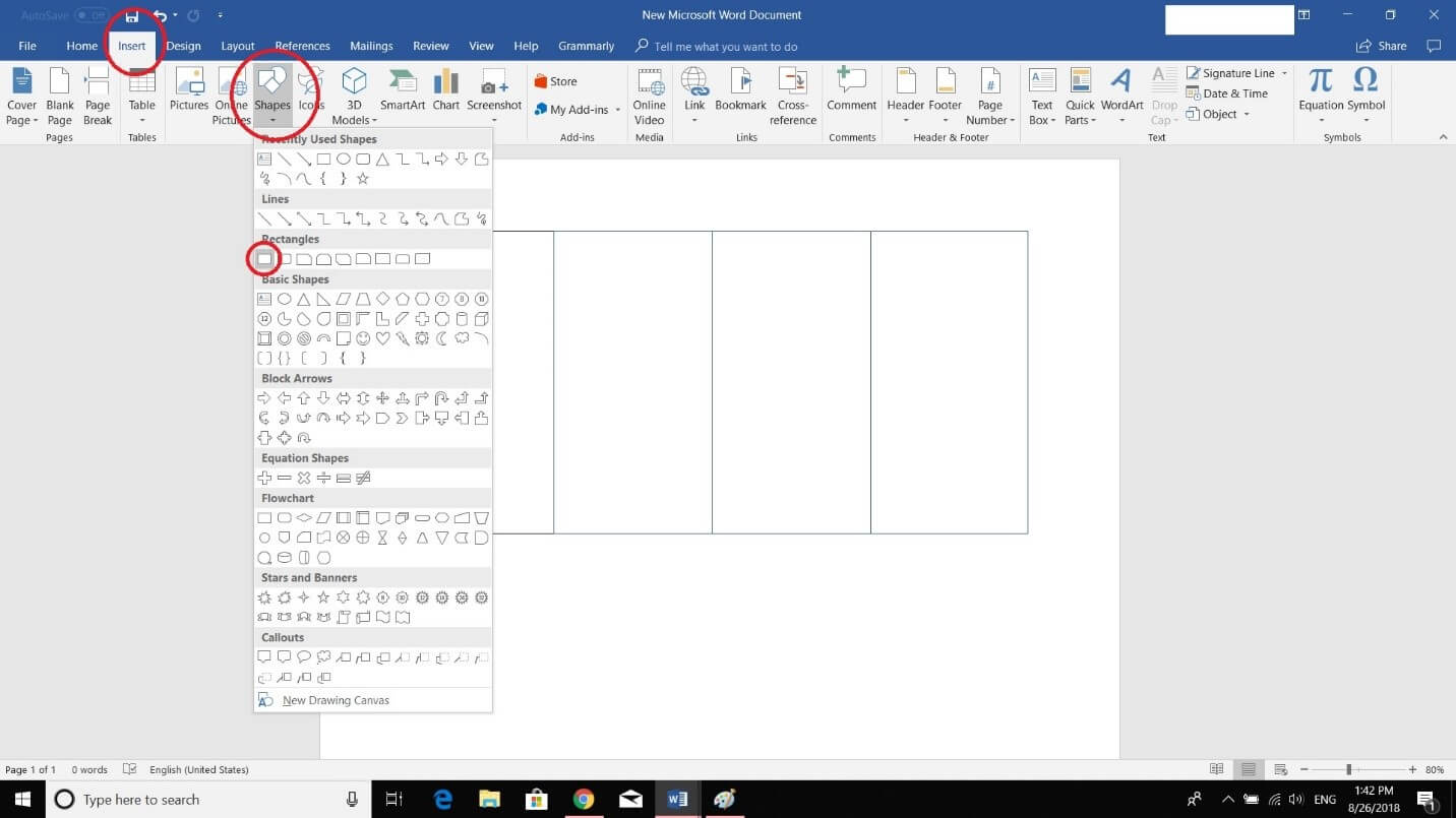 Microsoft Word Insert tab interface showing shapes menu with rectangles, basic shapes, block arrows, flowchart, and equation options highlighted
