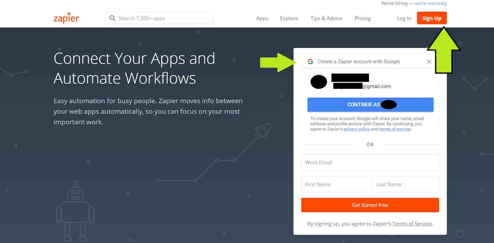 Zapier signup page showing Google account integration and workflow automation capabilities with robot icon