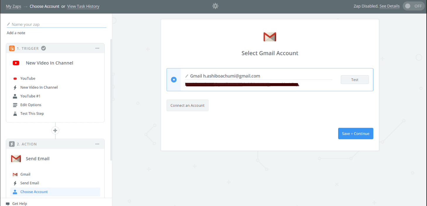 Zapier Gmail account selection screen showing connected account with test button
