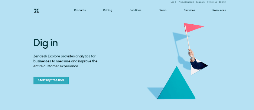 Zendesk Explore analytics homepage showing dig in tagline with person climbing colorful triangle