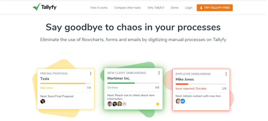Tallyfy homepage hero section: Say goodbye to chaos in your processes with process tracking cards display