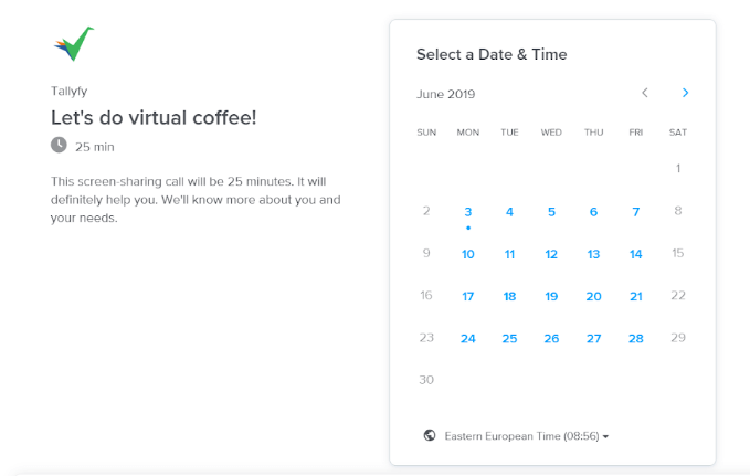Tallyfy scheduling interface for virtual coffee meeting showing 25-minute duration and June 2019 calendar