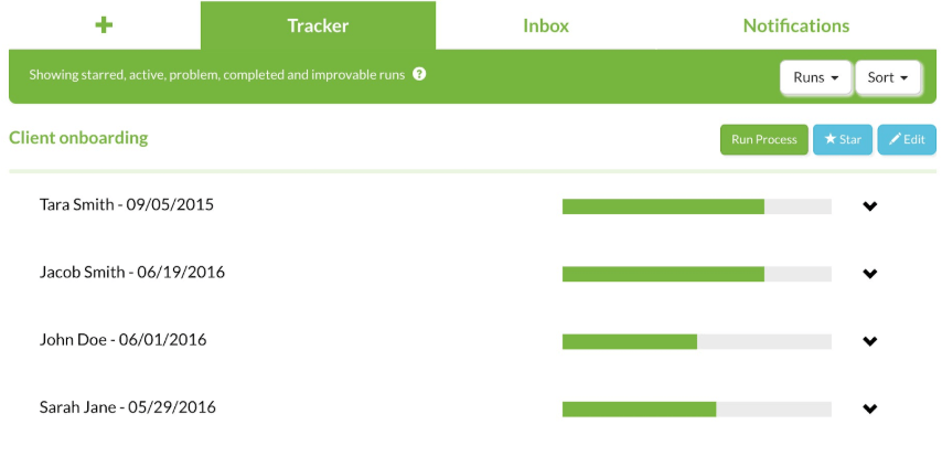Tallyfy process tracker showing client onboarding workflow with multiple entries and progress bars for different clients