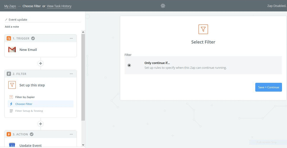 Zapier filter setup screen showing trigger, filter configuration, and action steps for email-based event updates