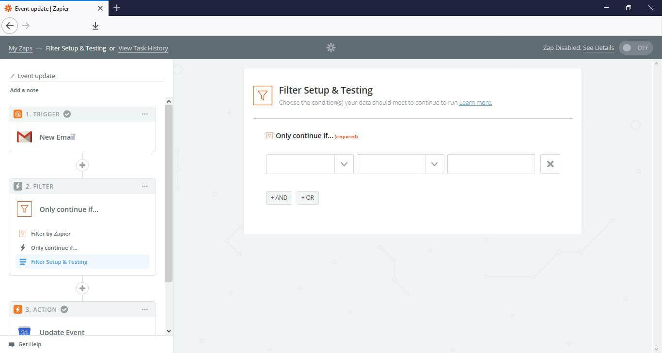 Zapier filter setup showing empty condition fields with AND/OR logic options