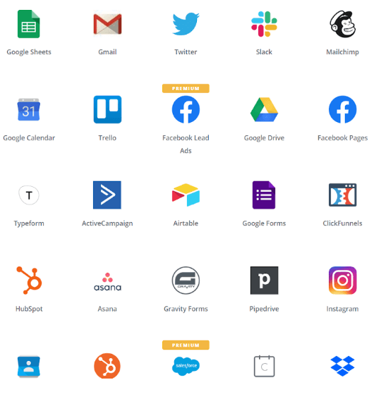 Integration app icons grid: Google Sheets, Gmail, Twitter, Slack, Mailchimp, Calendar, Trello, Facebook, Drive, ActiveCampaign, and more