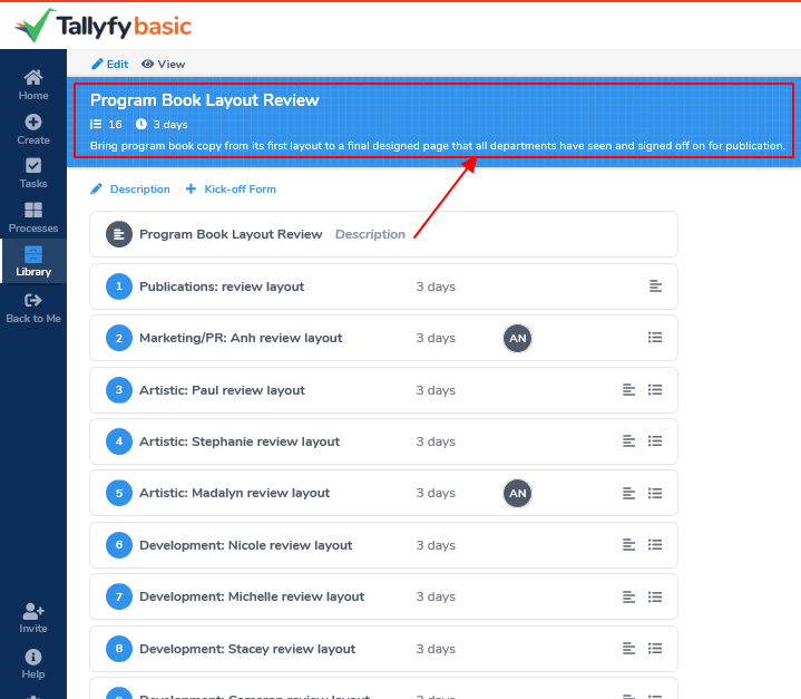 Tallyfy basic interface showing Program Book Layout Review task with 8 review steps and 3-day deadlines