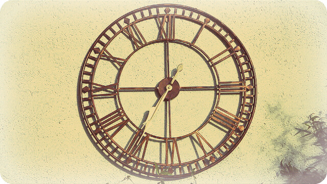 Vintage ornate clock face with Roman numerals showing time management concept on textured background
