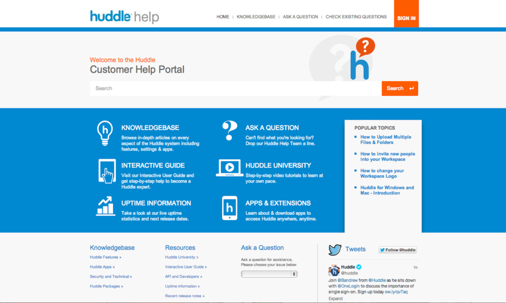 Huddle help customer portal homepage with knowledge base interactive guide and support features