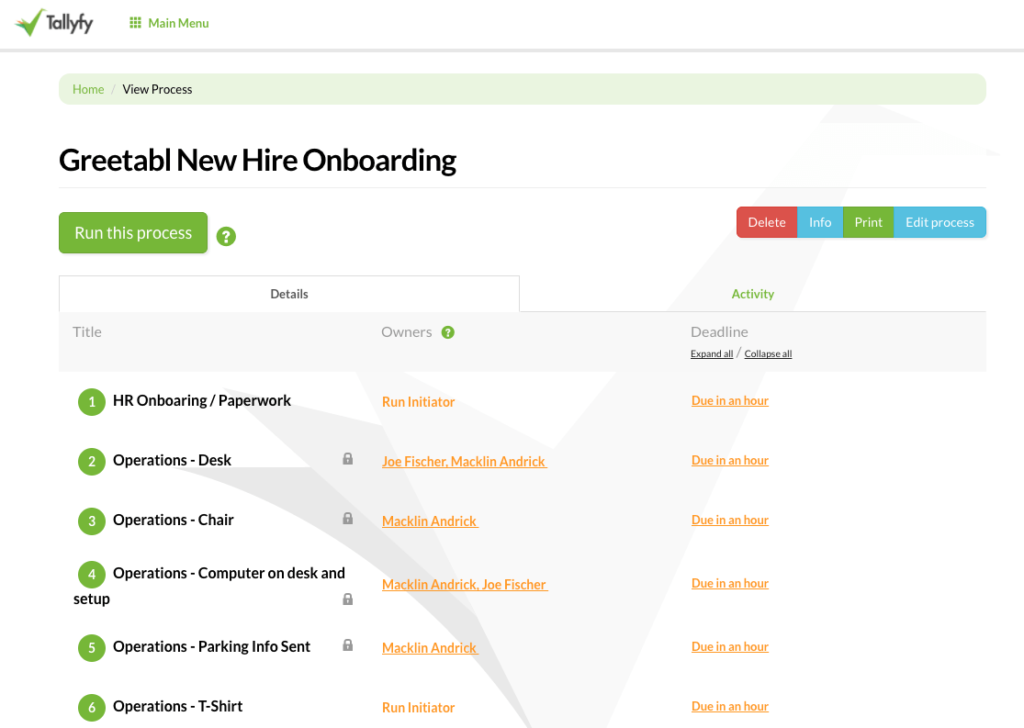Tallyfy onboarding process template showing new hire tasks with owners and deadlines in workflow view