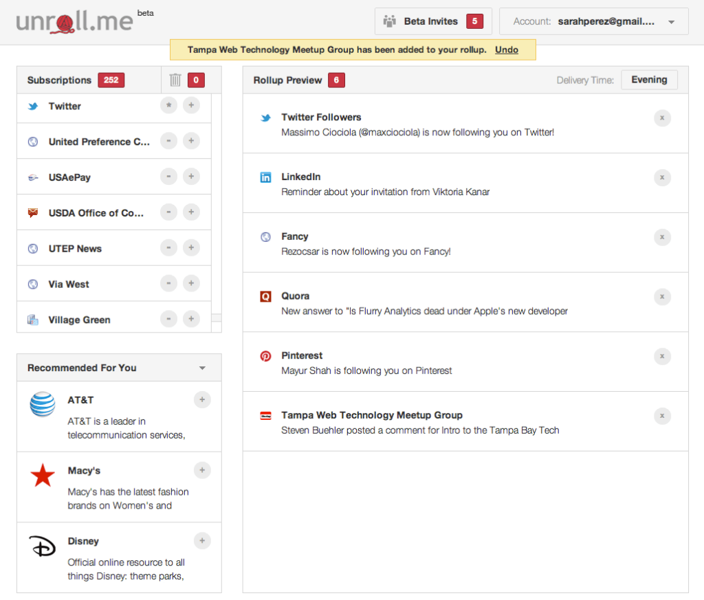Unroll.me dashboard showing subscription management with Twitter, LinkedIn, Quora, Pinterest rollup previews
