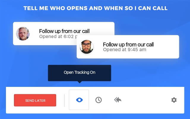 Email tracking interface showing who opened emails and when with send later and open tracking features