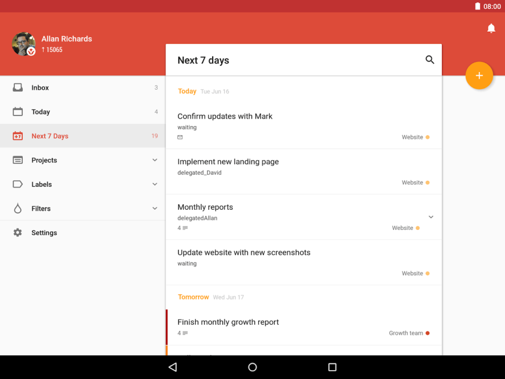 Todoist mobile app showing Next 7 Days view with tasks like confirm updates, implement landing page, and monthly reports