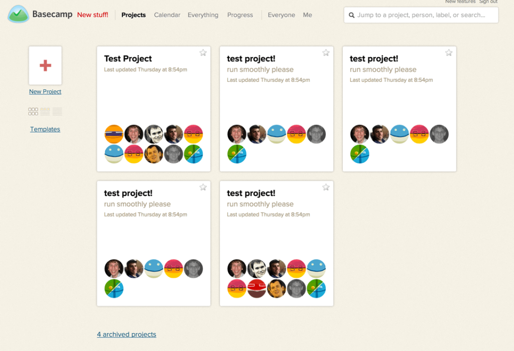 Basecamp project dashboard displaying multiple "test project" cards with team member avatars and Templates/New Project options in sidebar