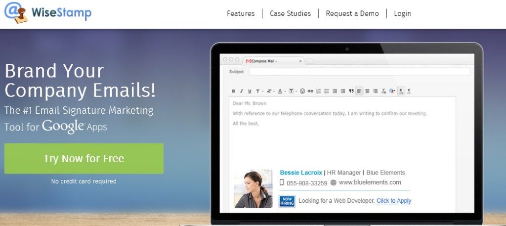 WiseStamp email signature marketing tool homepage showing branded company emails for Google Apps with sample signature