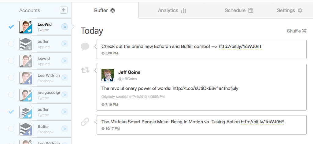 Buffer social media scheduling interface