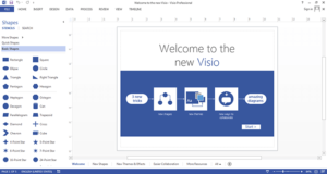 Microsoft Visio welcome screen with icon options for creating diagrams, flowcharts, and organizational charts