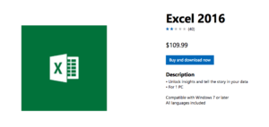 Excel 2016 product card showing green icon with X logo, $109.99 price, and blue 'Buy and download now' button