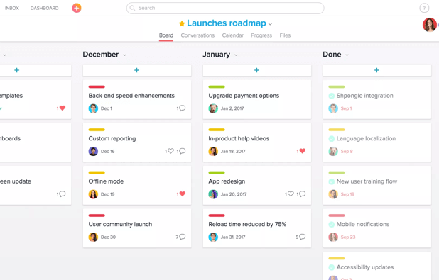 Asana project management dashboard showing a Launches roadmap with tasks organized by columns including December, January, and Done statuses