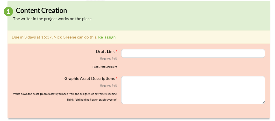 Content creation task form with fields for draft link and graphic asset descriptions, showing a 3-day deadline assigned to Nick Greene