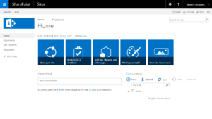 SharePoint interface showing navigation menu and five blue feature tiles with icons for collaboration, documents, and cloud functionality