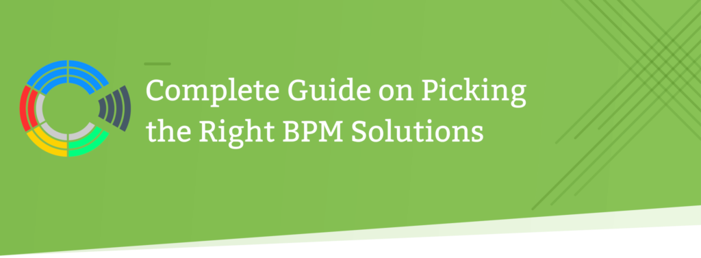 Colorful circular chart icon with blue, red, yellow, and green segments next to white text reading 'Complete Guide on Picking the Right BPM Solutions'