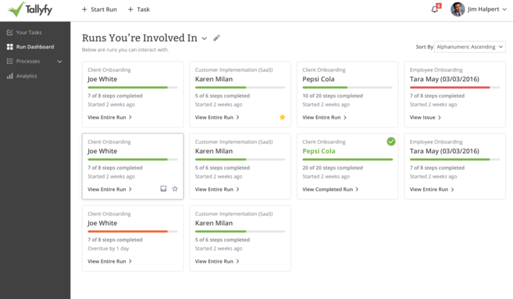 Tallyfy workflow dashboard showing active process runs with progress bars for client and employee onboarding tasks