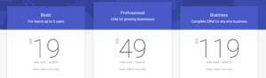 ProsperWorks pricing showing Basic 19, Professional 49, and Business 119 dollars per user monthly