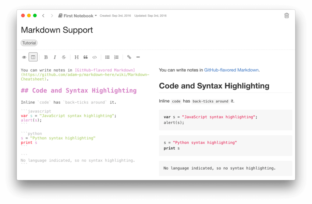 Inkdrop markdown note-taking app showing syntax highlighting features with code examples in split view