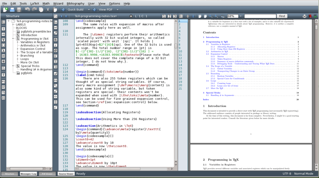 LaTeX programming editor showing code, document outline, and rendered PDF output in three-panel layout