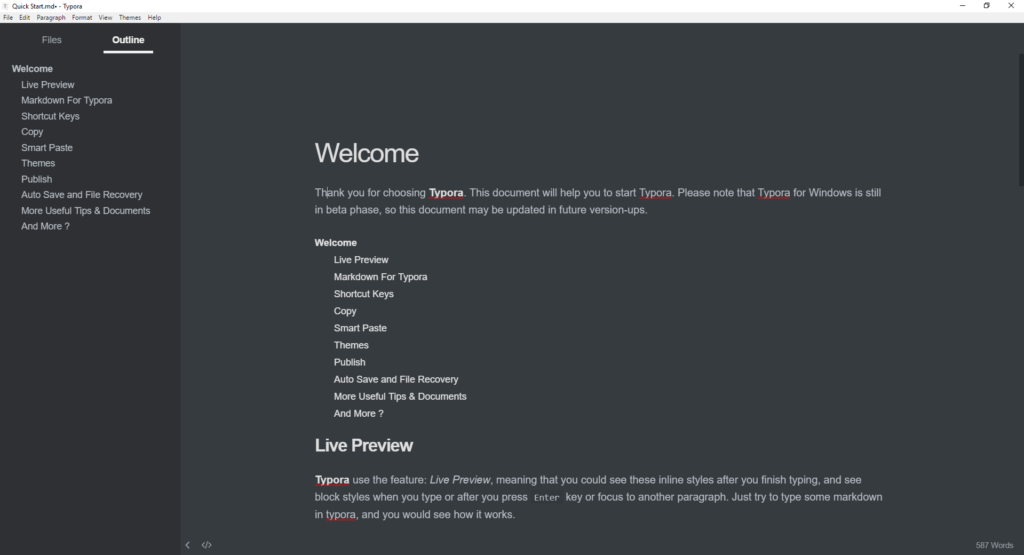 Typora markdown editor welcome screen displaying outline panel and live preview features in dark theme