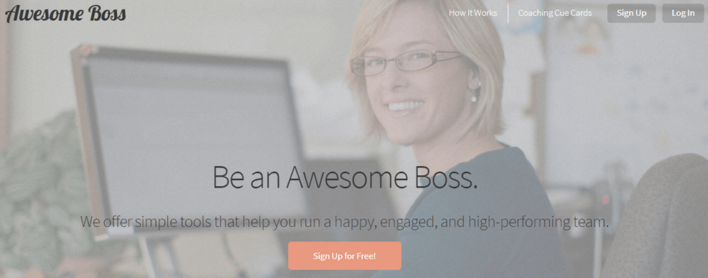 Awesome Boss website homepage featuring tagline about running happy engaged teams with signup call-to-action