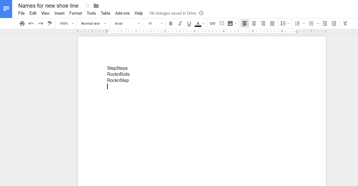 Google Docs document showing brainstorming list with product name options including StepSteps, RocknRolls, and RocknStep for a new shoe line