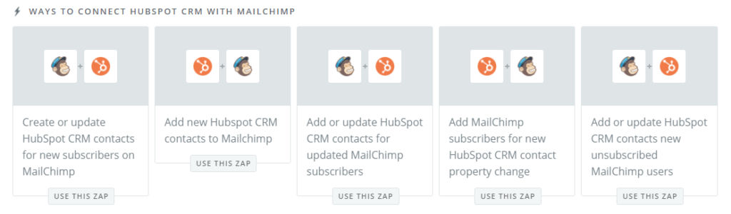 HubSpot CRM and MailChimp integration options showing 5 ways to connect via Zapier