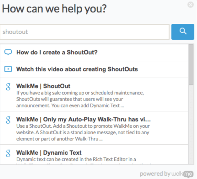 WalkMe help widget showing search for ShoutOut with video tutorials and dynamic text options