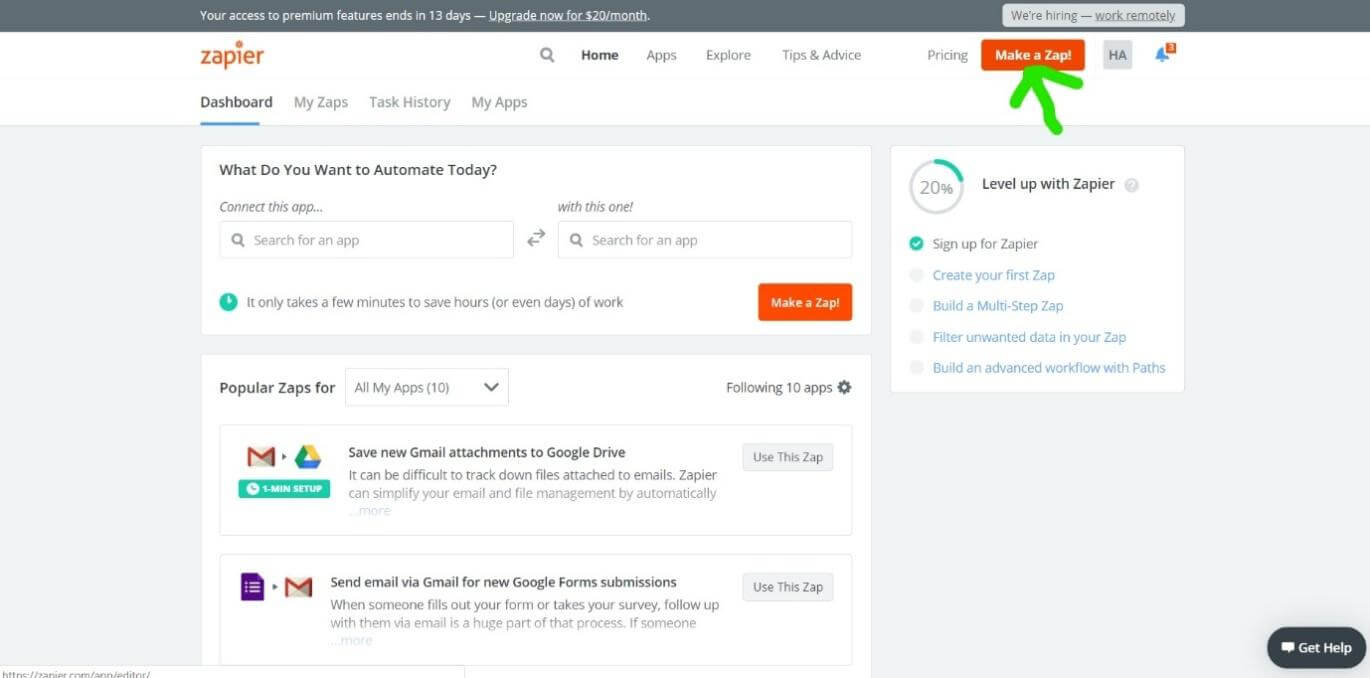 Zapier dashboard showing automation setup interface with popular zaps for Gmail to Google Drive and Google Forms integrations