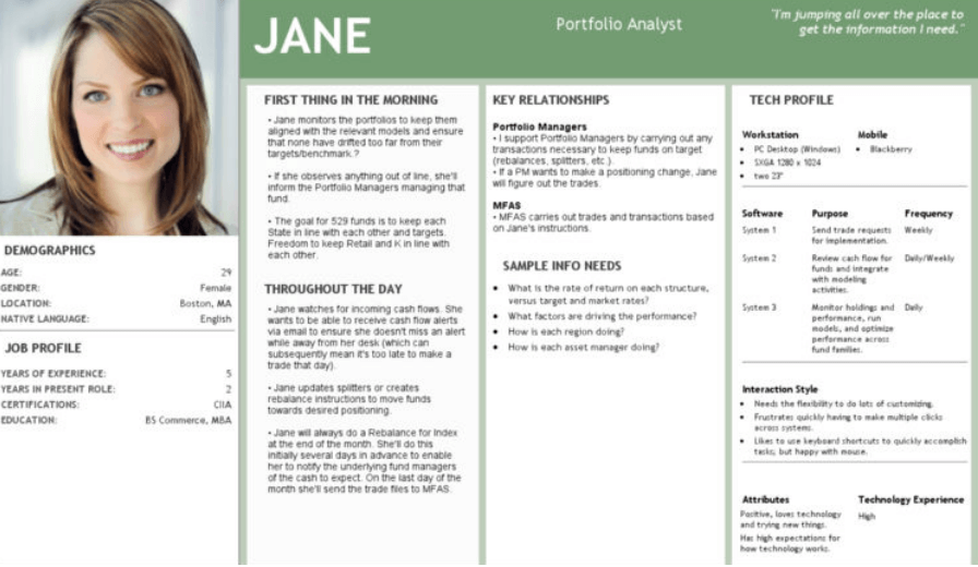 User persona template for Jane, Portfolio Analyst, showing demographics, job profile, daily workflow, and tech requirements
