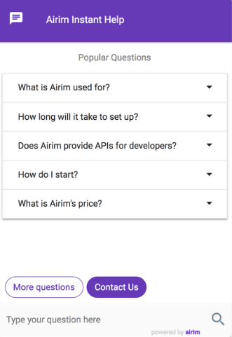 Airim instant help widget showing popular FAQs with search bar and contact options