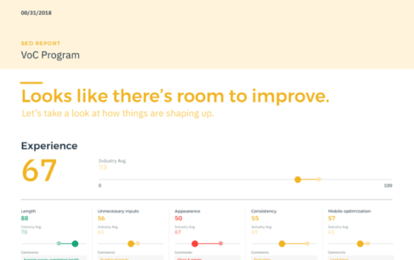 Voice of Customer program feedback showing experience score of 67 with improvement metrics