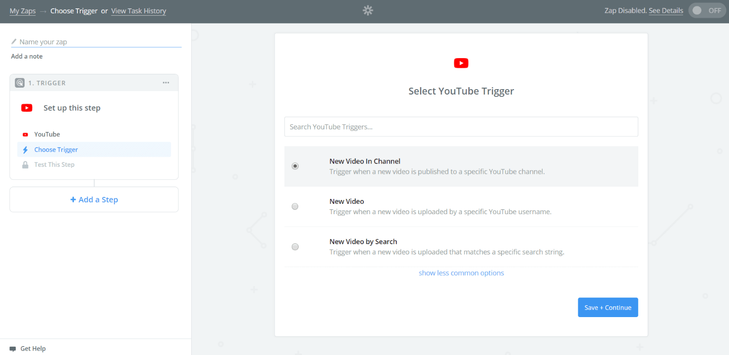 Zapier YouTube trigger selection screen showing new video in channel, new video, and new video by search options