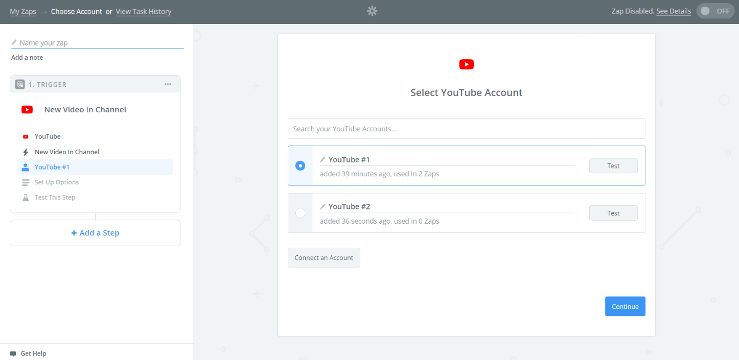 Zapier YouTube integration interface showing account selection with two connected YouTube accounts and test buttons