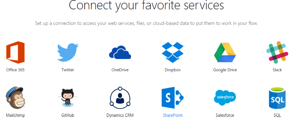 Microsoft Flow service connection page showing icons for Office 365, Twitter, OneDrive, Dropbox, Google Drive, Slack and other integrations