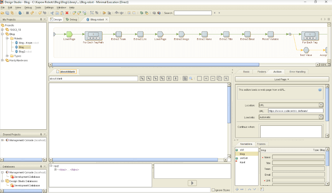 Design Studio workflow automation visual showing blog post publishing sequence with actions and variables