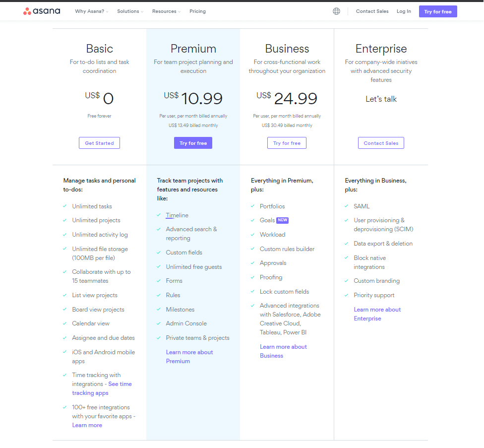 Asana pricing comparison table showing Basic, Premium, Business, and Enterprise tiers with features and pricing