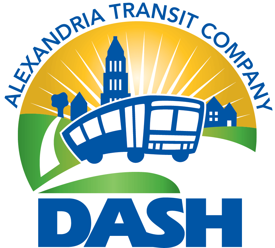Alexandria Transit Company DASH logo with blue transit bus, city skyline, and green rolling hills on circular badge