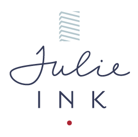 Julie Ink logo with elegant script lettering and ink drop accent in minimalist design