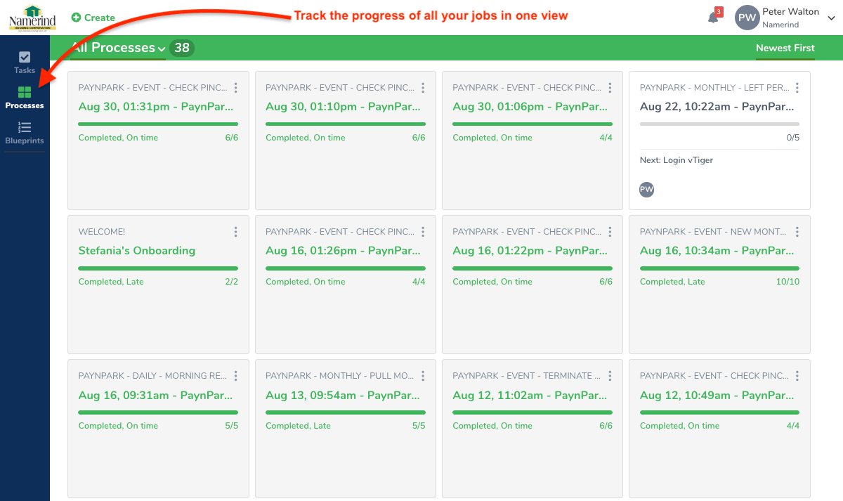 Namerind process tracker showing PaynPark events with completion status across multiple workflows