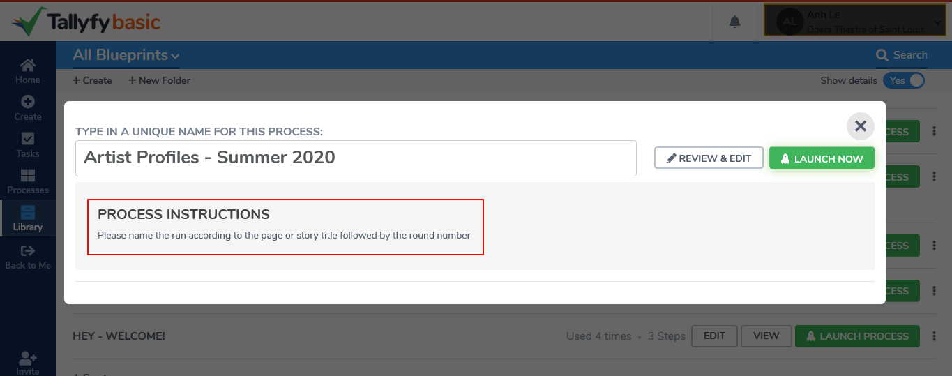 Tallyfy process launch dialog for Artist Profiles Summer 2020 with unique naming instructions and launch buttons